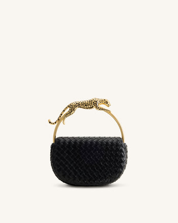 Ione Geflochtene Henkeltasche mit Leopardenform-Hardware-Griff - Schwarz