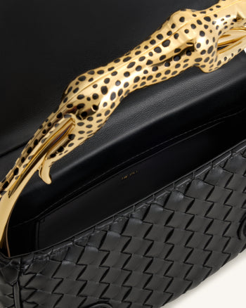 Ione Geflochtene Henkeltasche mit Leopardenform-Hardware-Griff - Schwarz