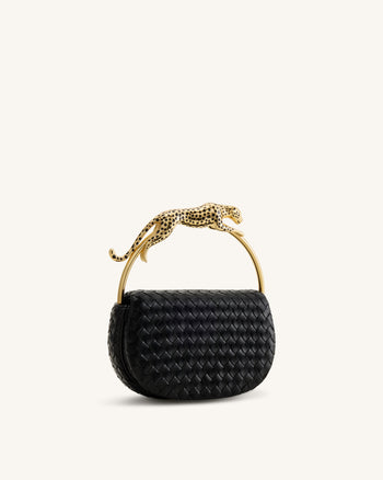 Ione Geflochtene Henkeltasche mit Leopardenform-Hardware-Griff - Schwarz