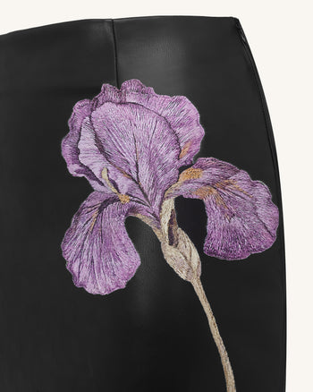Iris Bleistift-Midirock aus Leder mit Blumenprint und hoher Taille – Schwarz