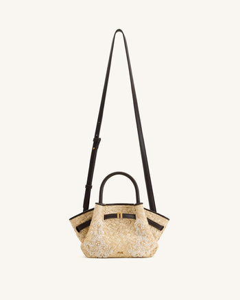 Hana Mini-Tasche mit Perlenbesatz aus Kunststroh - Braun