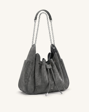 Rowan Ketten-Beuteltasche mit Kordelzug aus Wildlederimitat - Smoggraues Kroko-Muster