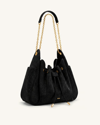 Rowan Ketten-Beuteltasche mit Kordelzug aus Wildlederimitat - Cooles Schwarzes Kroko-Muster