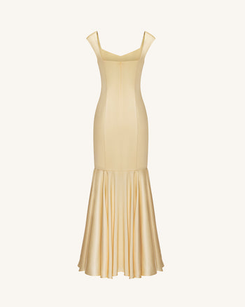 Iris Satin-Maxikleid im Meerjungfrauen-Stil mit Print – Pastellgelb