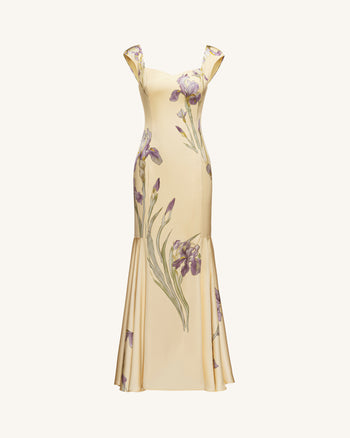 Iris Satin-Maxikleid im Meerjungfrauen-Stil mit Print – Pastellgelb