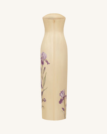 Iris Trägerloses Satin-Maxikleid mit Print und Schlitz – Pastellgelb