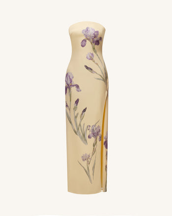 Iris Trägerloses Satin-Maxikleid mit Print und Schlitz – Pastellgelb