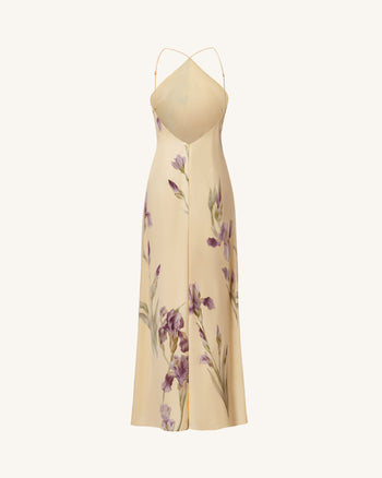 Iris Maxikleid mit Print, überkreuztem Neckholder und offenem Rücken – Gelb