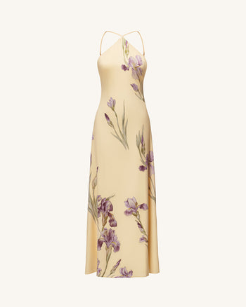 Iris Maxikleid mit Print, überkreuztem Neckholder und offenem Rücken – Gelb
