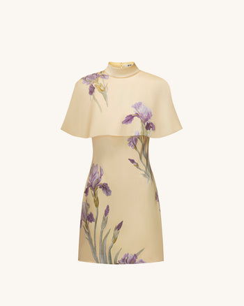 Iris Minikleid mit Print und Cape-Überwurf – Pastellgelb