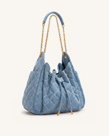 Rowan Gesteppte, geraffte Ketten-Beuteltasche mit Kordelzug - Blaues Denim