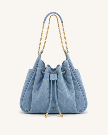 Rowan Gesteppte, geraffte Ketten-Beuteltasche mit Kordelzug - Blaues Denim