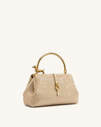 Bruna Handtasche mit Dackel-Metallhenkel und künstlichen Kristallen – Champagner