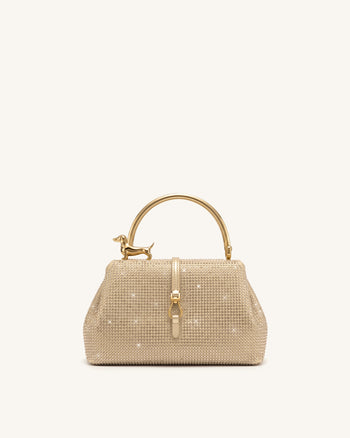 Bruna Handtasche mit Dackel-Metallhenkel und künstlichen Kristallen – Champagner