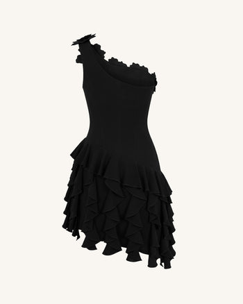 One-Shoulder-Minikleid im Korsett-Stil mit Blumenstickerei - Schwarz