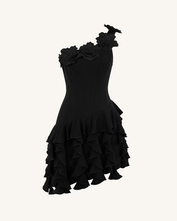 One-Shoulder-Minikleid im Korsett-Stil mit Blumenstickerei - Schwarz