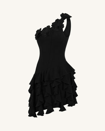 One-Shoulder-Minikleid im Korsett-Stil mit Blumenstickerei - Schwarz