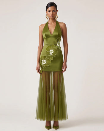 Maxikleid mit Neckholder, Orchideenstickerei und transparentem Saum - Olivgrün