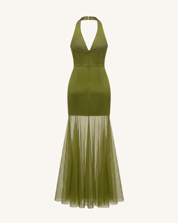 Maxikleid mit Neckholder, Orchideenstickerei und transparentem Saum - Olivgrün