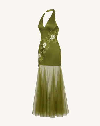 Maxikleid mit Neckholder, Orchideenstickerei und transparentem Saum - Olivgrün