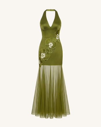 Maxikleid mit Neckholder, Orchideenstickerei und transparentem Saum - Olivgrün