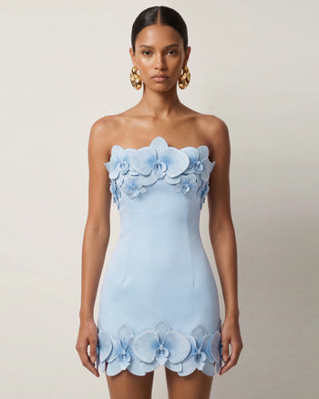 Trägerloses Minikleid mit Orchideen-Verzierung - Blau