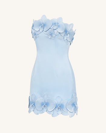 Trägerloses Minikleid mit Orchideen-Verzierung - Blau