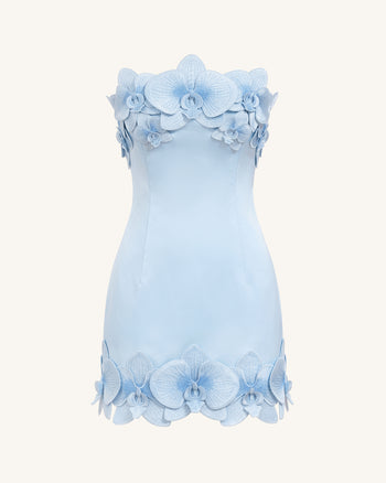 Trägerloses Minikleid mit Orchideen-Verzierung - Blau