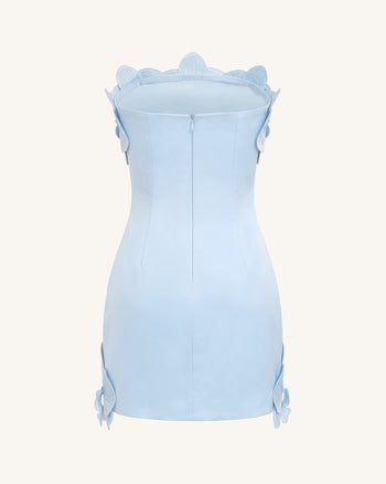Trägerloses Minikleid mit Orchideen-Verzierung - Blau