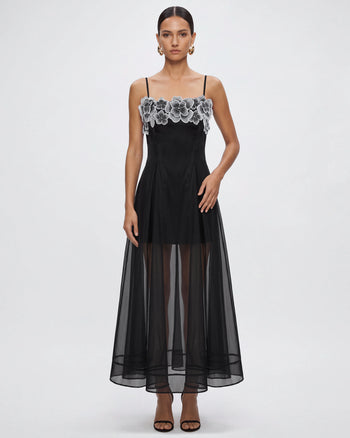 Transparentes, mehrlagiges Maxikleid mit Blumenstickerei - Schwarz