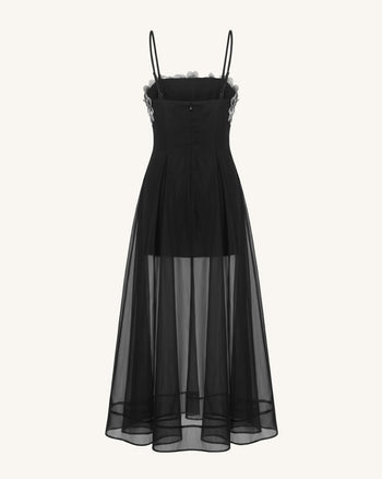 Transparentes, mehrlagiges Maxikleid mit Blumenstickerei - Schwarz