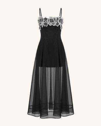 Transparentes, mehrlagiges Maxikleid mit Blumenstickerei - Schwarz