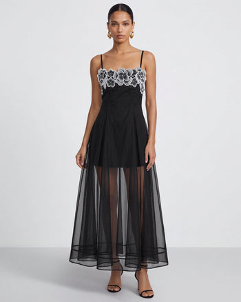 Transparentes, mehrlagiges Maxikleid mit Blumenstickerei - Schwarz