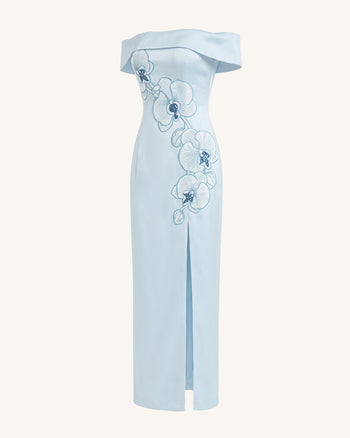 Schulterfreies Maxikleid mit Orchideen-Stickerei - Blau