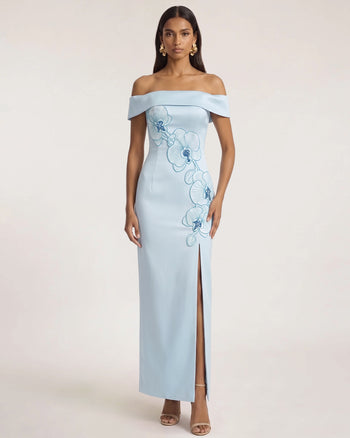 Schulterfreies Maxikleid mit Orchideen-Stickerei - Blau