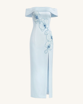Schulterfreies Maxikleid mit Orchideen-Stickerei - Blau