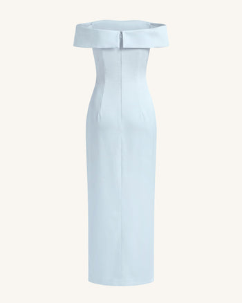Schulterfreies Maxikleid mit Orchideen-Stickerei - Blau