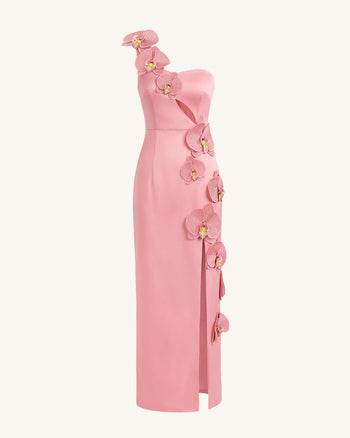 Maxikleid mit Orchideen-Verzierung, Cut-out und Schlitz - Blush-Pink
