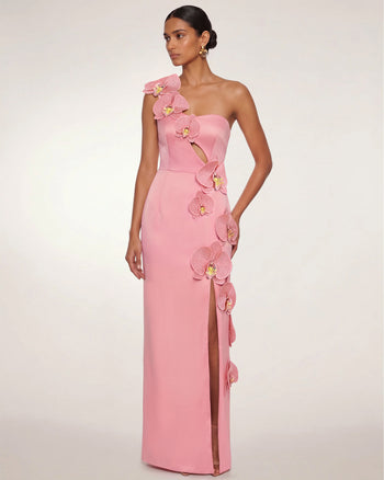 Maxikleid mit Orchideen-Verzierung, Cut-out und Schlitz - Blush-Pink