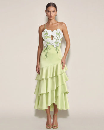 Midikleid mit Orchideen-Verzierung und Rüschen - Hellgrün