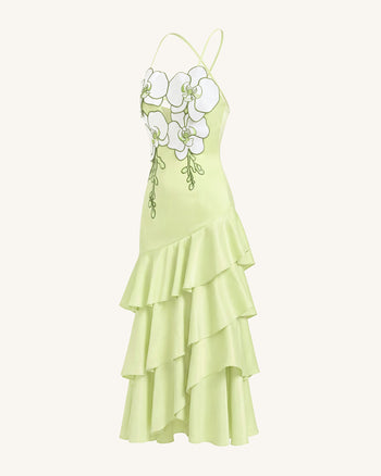 Midikleid mit Orchideen-Verzierung und Rüschen - Hellgrün