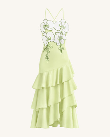 Midikleid mit Orchideen-Verzierung und Rüschen - Hellgrün