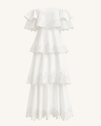 Schulterfreies Stufen-Maxikleid mit Orchideen-Stickerei - Weiß
