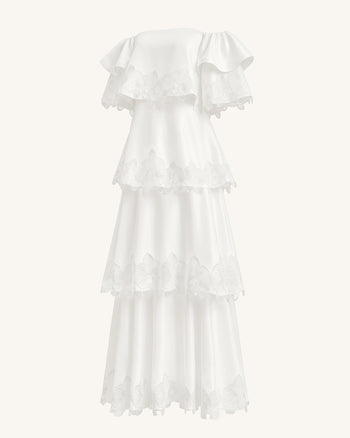 Schulterfreies Stufen-Maxikleid mit Orchideen-Stickerei - Weiß
