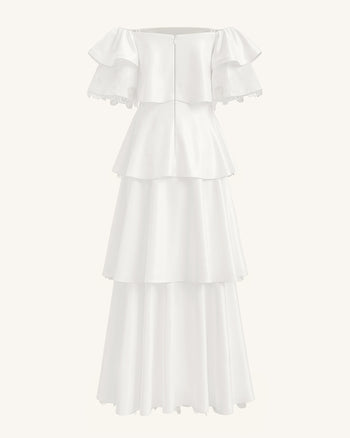 Schulterfreies Stufen-Maxikleid mit Orchideen-Stickerei - Weiß