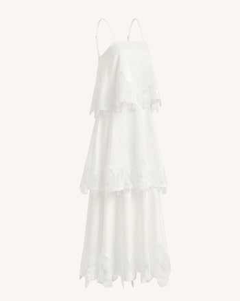 Gestuftes Maxikleid mit Orchideen-Stickerei - Weiß