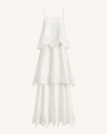 Gestuftes Maxikleid mit Orchideen-Stickerei - Weiß