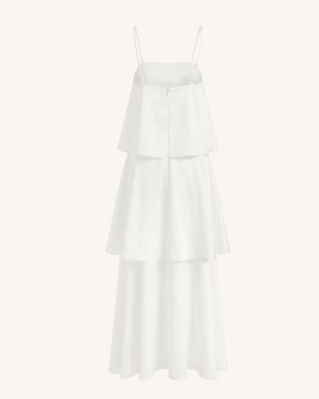 Gestuftes Maxikleid mit Orchideen-Stickerei - Weiß