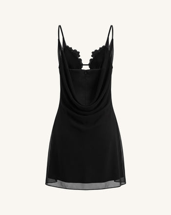 Minikleid mit Blumenstickerei und Wasserfallausschnitt - Schwarz