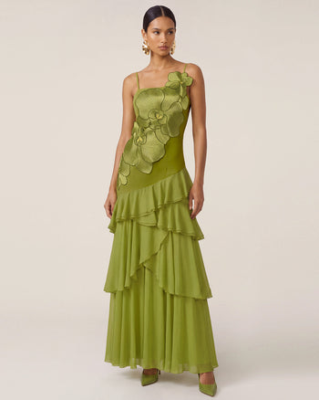 One-Shoulder-Maxikleid mit Orchideen-Stickerei und Rüschen - Olivgrün